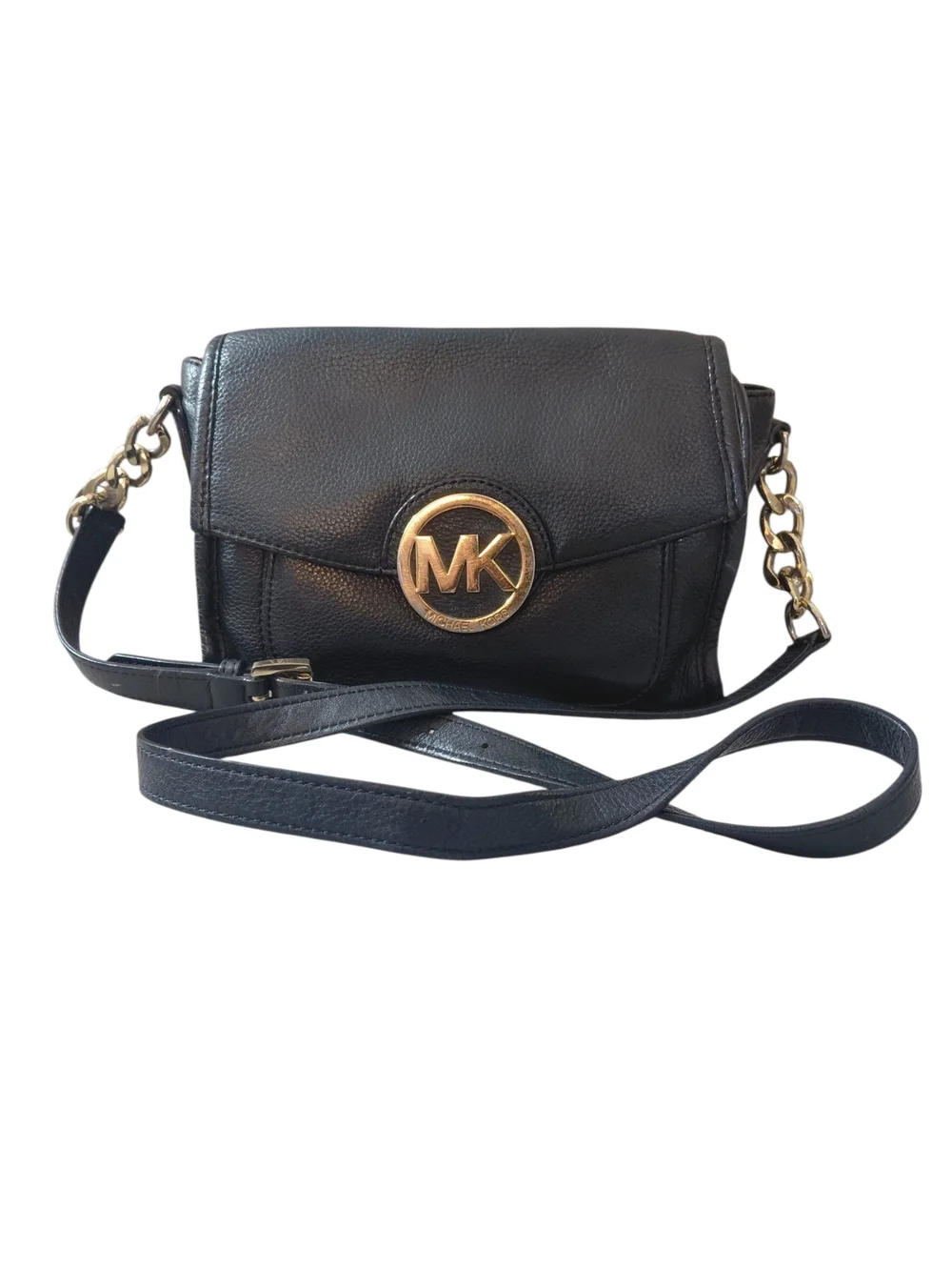 Michael Kors Black Leather Crossbody with Gold MK Emblem